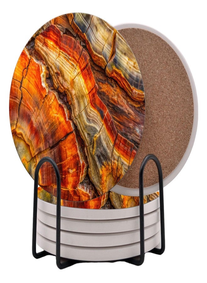 DAJDC Petrified Wood Agate Round Coasters Set of 6 - Abosrbent Ceramic Coasters with Metal Stand for Drinks, Coffee, Non-Slip Cork Back for Tabletop Protection, 4 Inches - Image 1